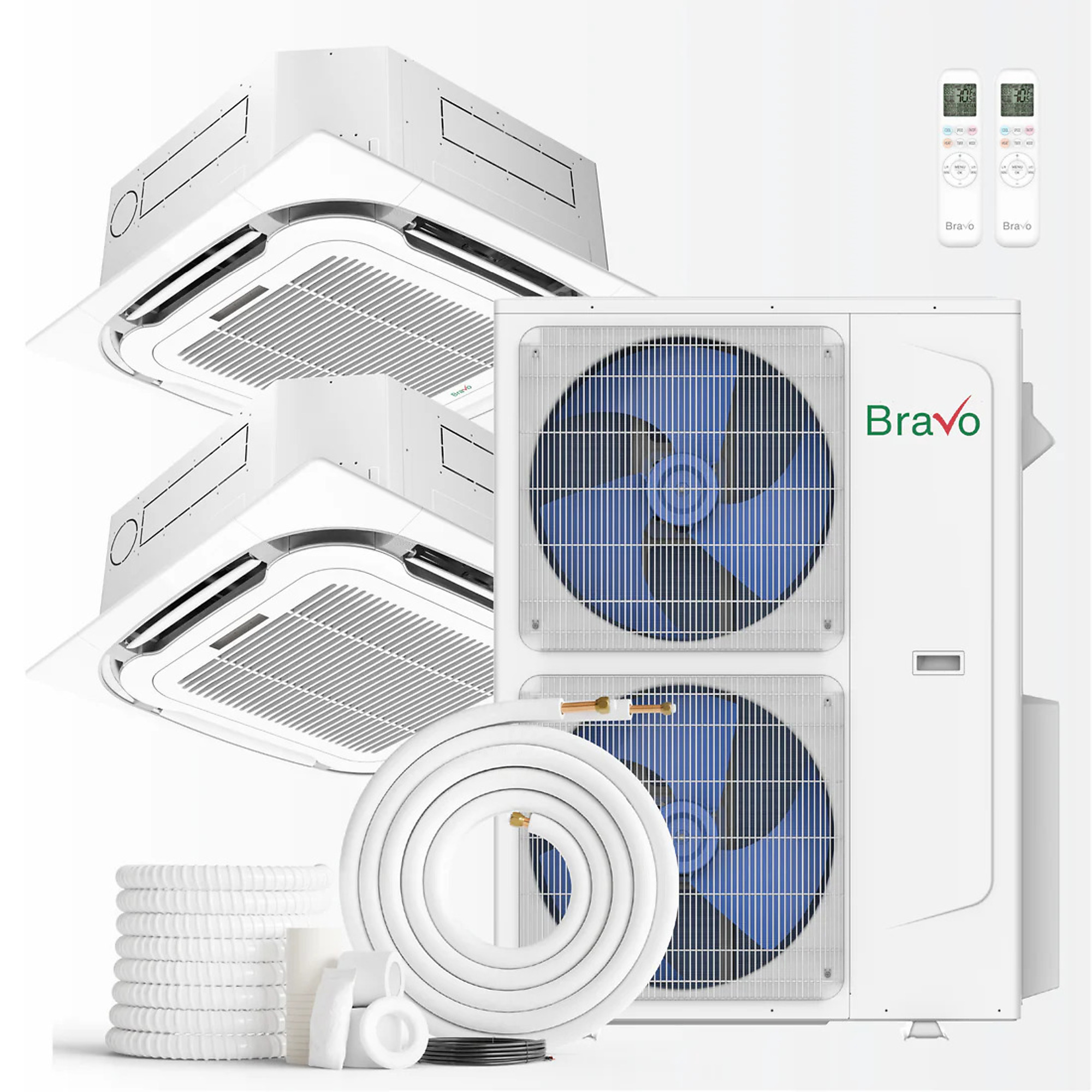 Bravo Milano 2-Zone Ductless Mini Split AC and Heat Pump — 42,000 BTU, Ceiling Mount, 24K+24K, Smart App Control, Model# BRV-M42-230VO2XBRV-M24CT-230VI2XAB7-25FT